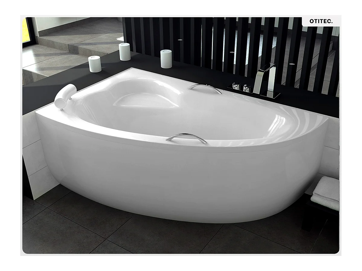 Baignoire asymétrique - 150 x 100 cm - Gauche - sans Habillage - avec Pieds - Poignées - Repose-tête - Vidage Chrome - NATALIA PREMIUM