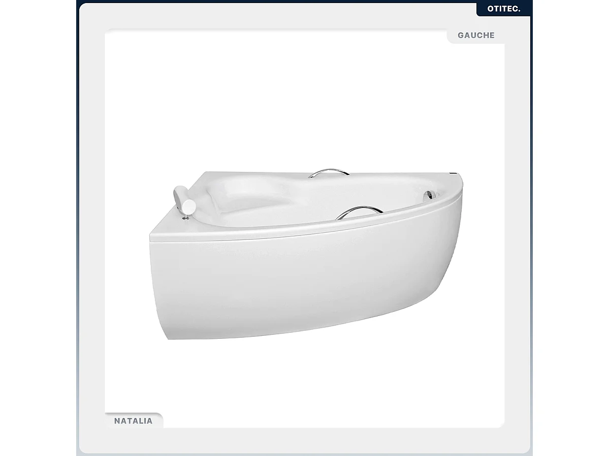 Baignoire asymétrique - 150 x 100 cm - Gauche - sans Habillage - avec Pieds - Poignées - Repose-tête - Vidage Chrome - NATALIA PREMIUM
