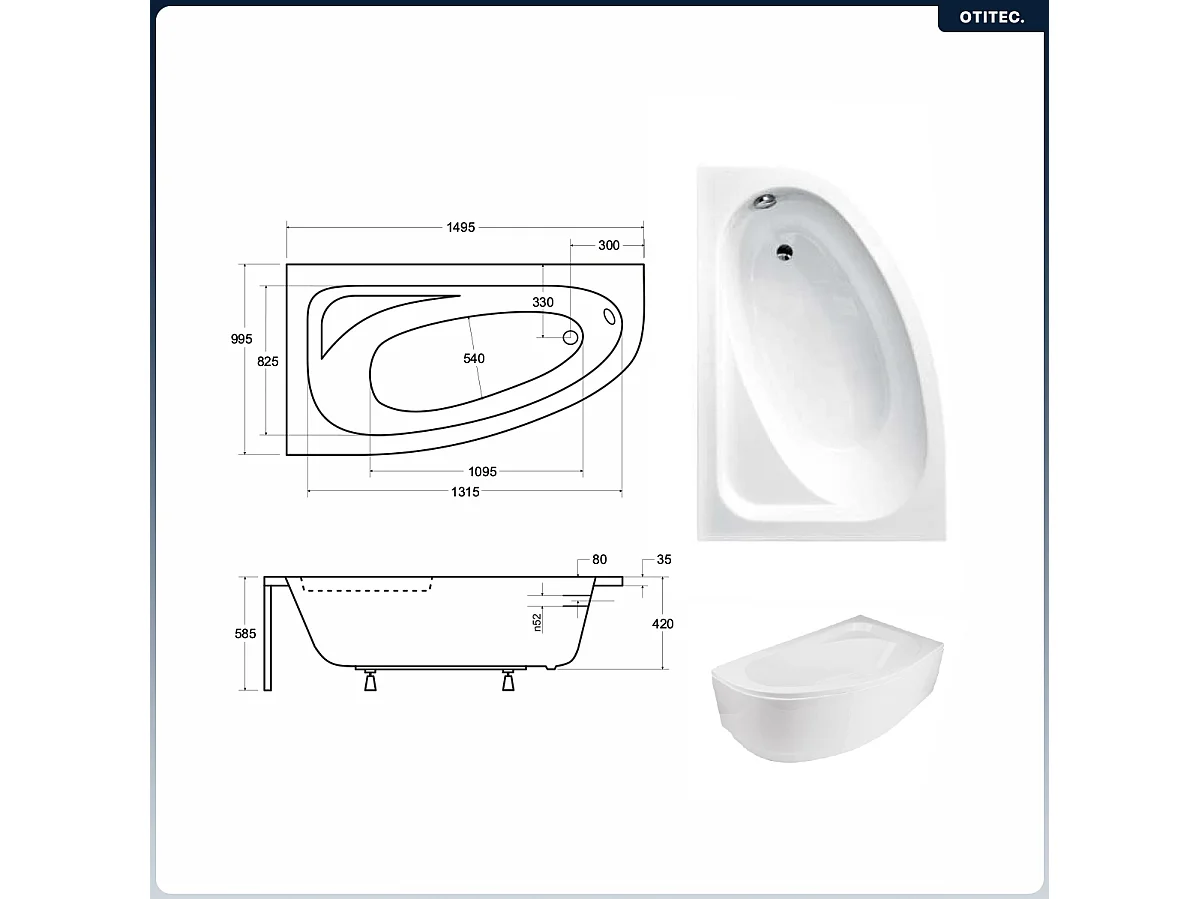 Baignoire asymétrique - 150 x 100 cm - Gauche - sans Habillage - avec Pieds - Vidage Chrome - CORNEA