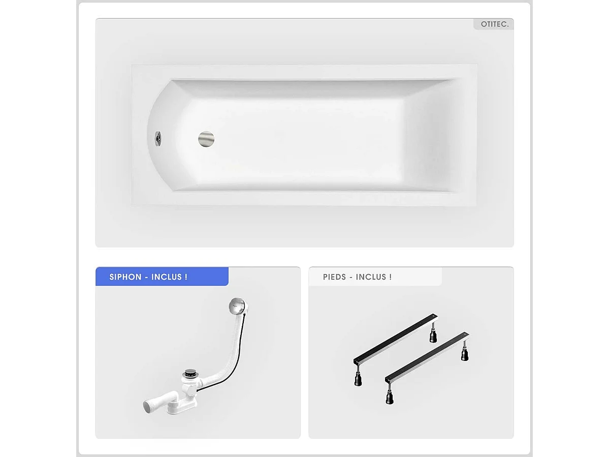 Baignoire rectangulaire - 150 x 70 cm - sans Habillage - avec Pieds - Vidage Chrome - SHEA