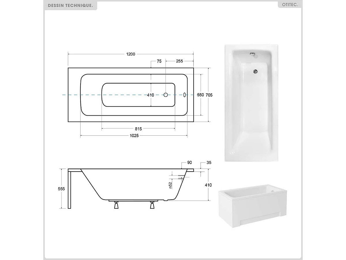 Baignoire rectangulaire - 120 x 70 cm - avec Habillage - Pieds - Vidage Chrome - TALIA