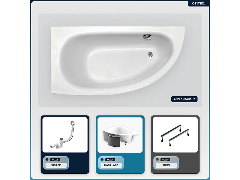 Baignoire asymétrique - 150 x 70 cm - Gauche - avec Habillage - Pieds - Vidage Chrome - MILENA