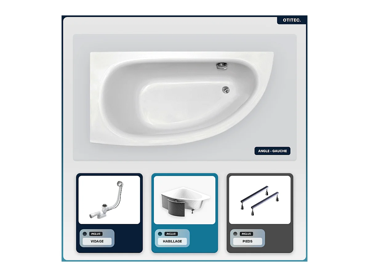 Baignoire asymétrique - 150 x 70 cm - Gauche - avec Habillage - Pieds - Vidage Chrome - MILENA