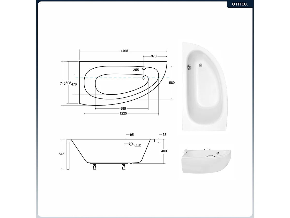 Baignoire asymétrique - 150 x 70 cm - Gauche - avec Habillage - Pieds - Vidage Chrome - MILENA