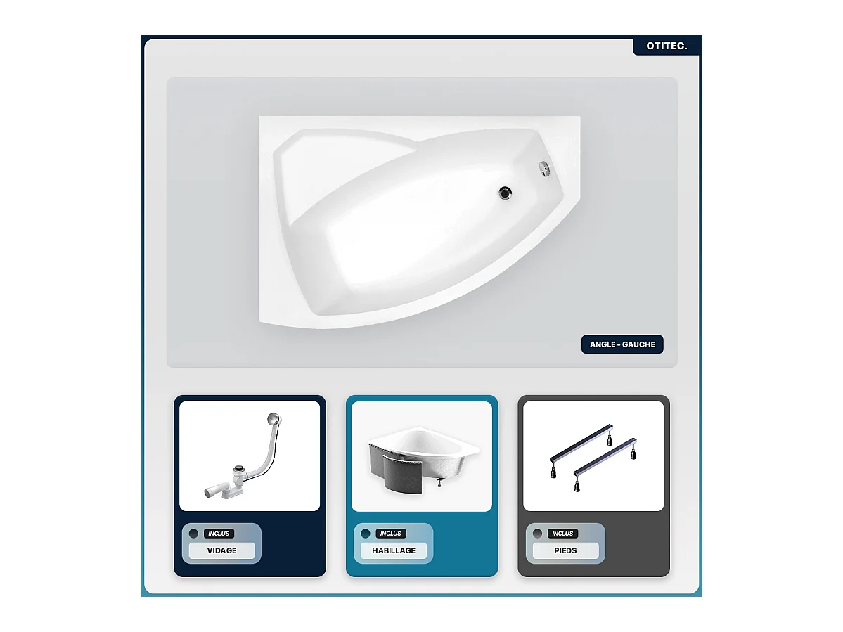 Baignoire asymétrique - 150 x 95 cm - Gauche - avec Habillage - Pieds - Vidage Chrome - RIMA