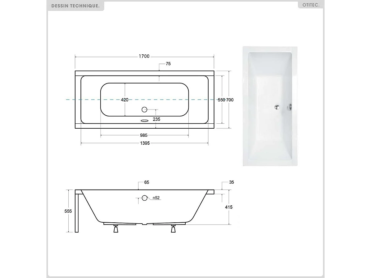 Baignoire rectangulaire - 170 x 75 cm - avec Habillage (4 cm) - Pieds - Vidage Chrome - QUADRO SLIM