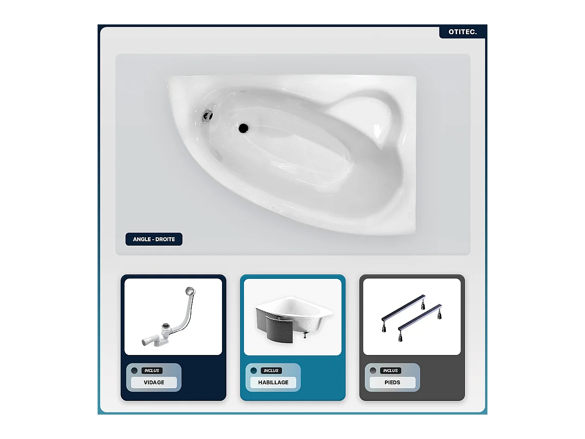 Baignoire asymétrique - 150 x 100 cm - Droite - avec Habillage - Pieds - Vidage Chrome - NATALIA