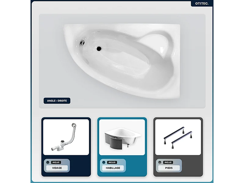 Baignoire asymétrique - 150 x 100 cm - Droite - avec Habillage - Pieds - Vidage Chrome - NATALIA