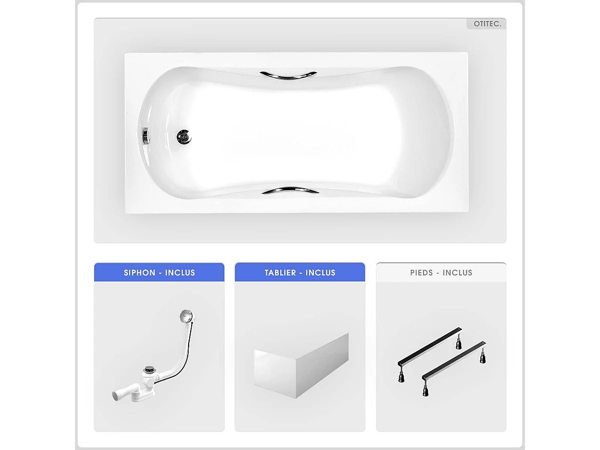 Baignoire rectangulaire - 170 x 70 cm - avec Tablier Blanc - Pieds - Poignées - Vidage Chrome - ARIA PLUS