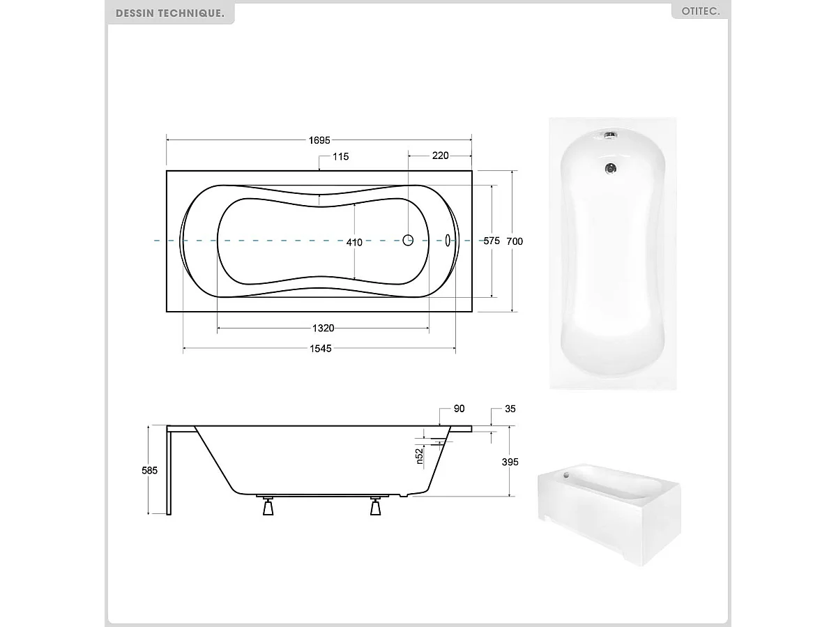 Baignoire rectangulaire - 170 x 70 cm - avec Tablier Blanc - Pieds - Poignées - Vidage Chrome - ARIA PLUS