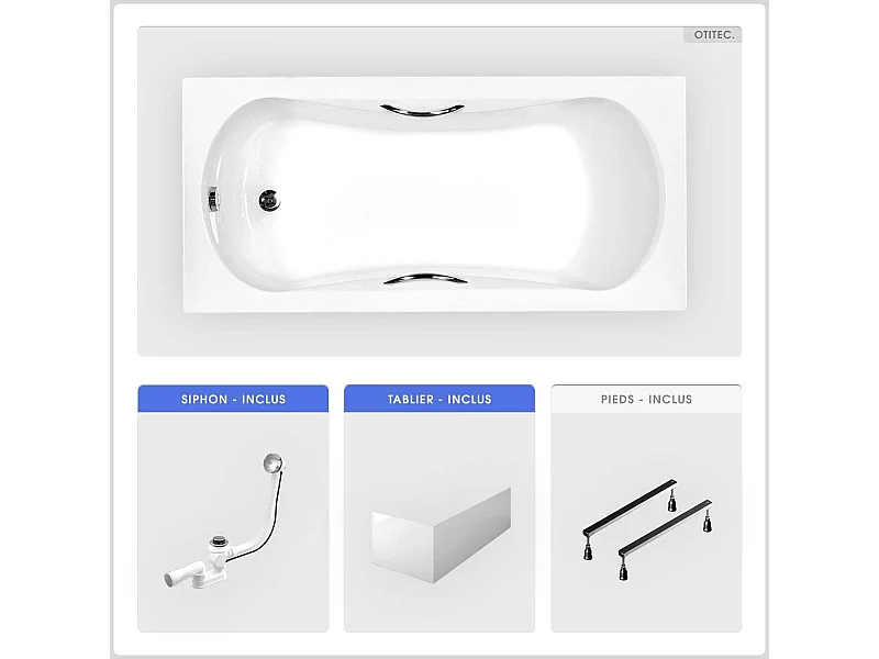 Baignoire rectangulaire - 170 x 70 cm - avec Tablier Blanc - Pieds - Poignées - Vidage Chrome - ARIA PLUS