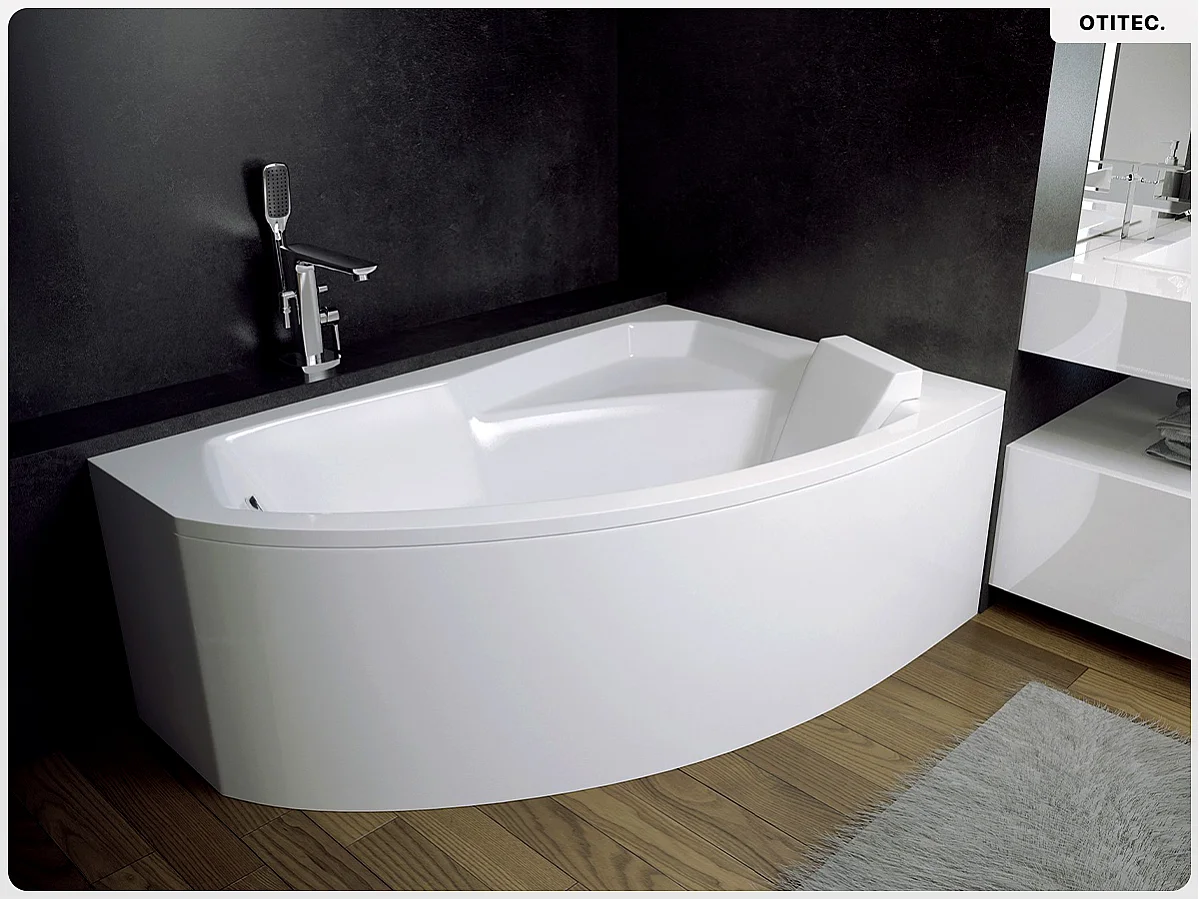 Baignoire asymétrique - 140 x 90 cm - Droite - avec Tablier - Pieds - Repose-tête - Vidage Chrome - RIMA
