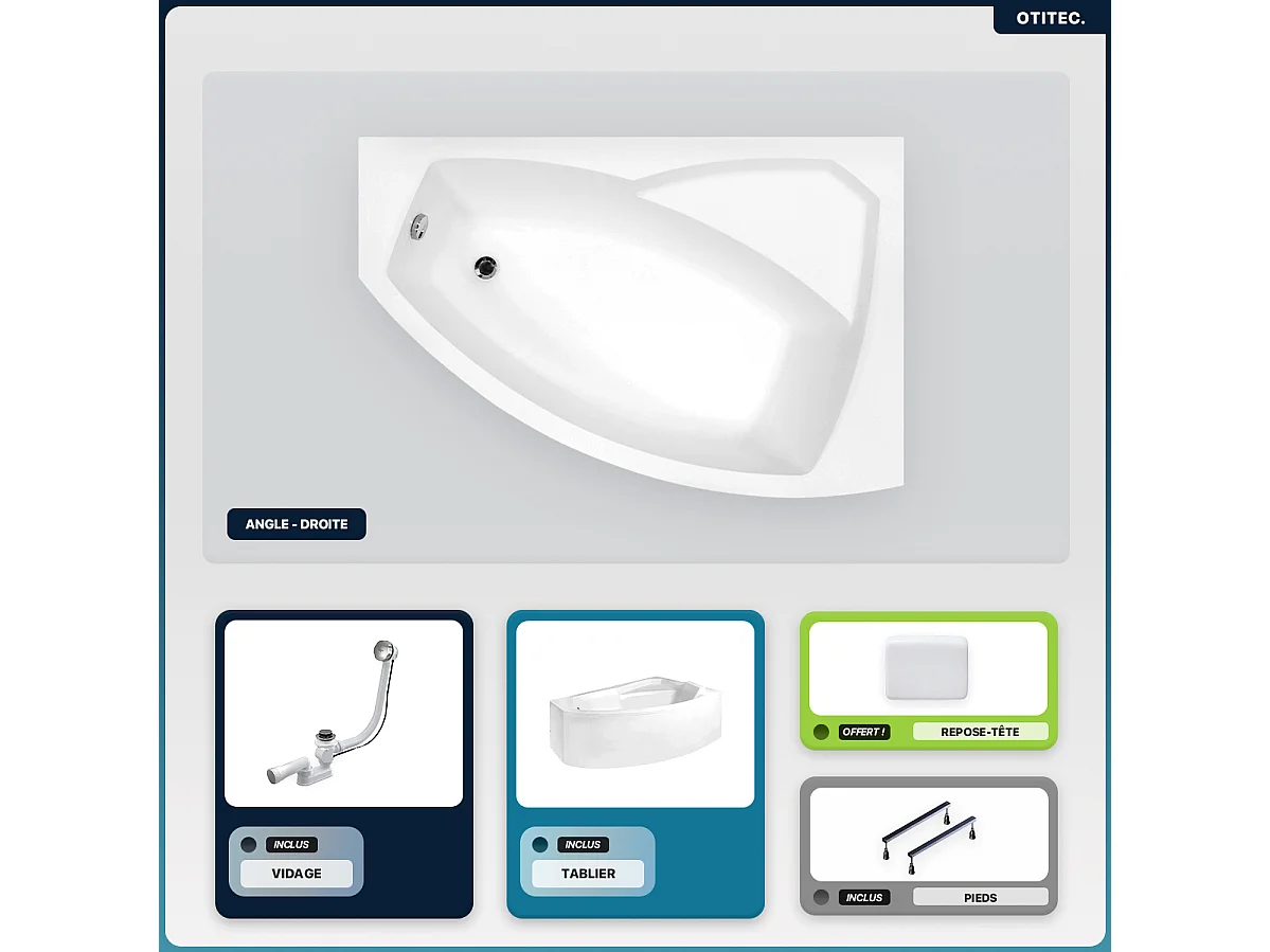 Baignoire asymétrique - 140 x 90 cm - Droite - avec Tablier - Pieds - Repose-tête - Vidage Chrome - RIMA