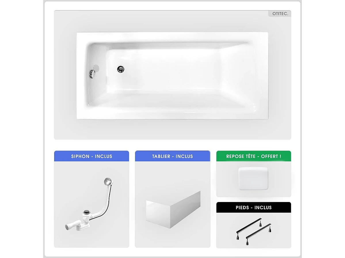 Baignoire rectangulaire - 170 x 75 cm - avec Tablier Blanc - Pieds - Poignées - Repose-tête - Vidage Chrome - TALIA PREMIUM