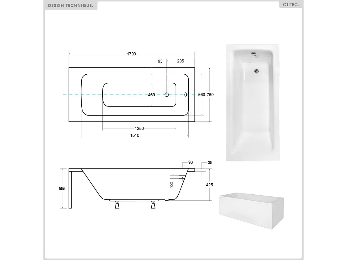 Baignoire rectangulaire - 170 x 75 cm - avec Tablier Blanc - Pieds - Poignées - Repose-tête - Vidage Chrome - TALIA PREMIUM
