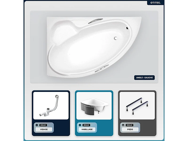 Baignoire asymétrique - 150 x 95 cm - Droite - avec Habillage - Pieds - Vidage Chrome - BIANKA