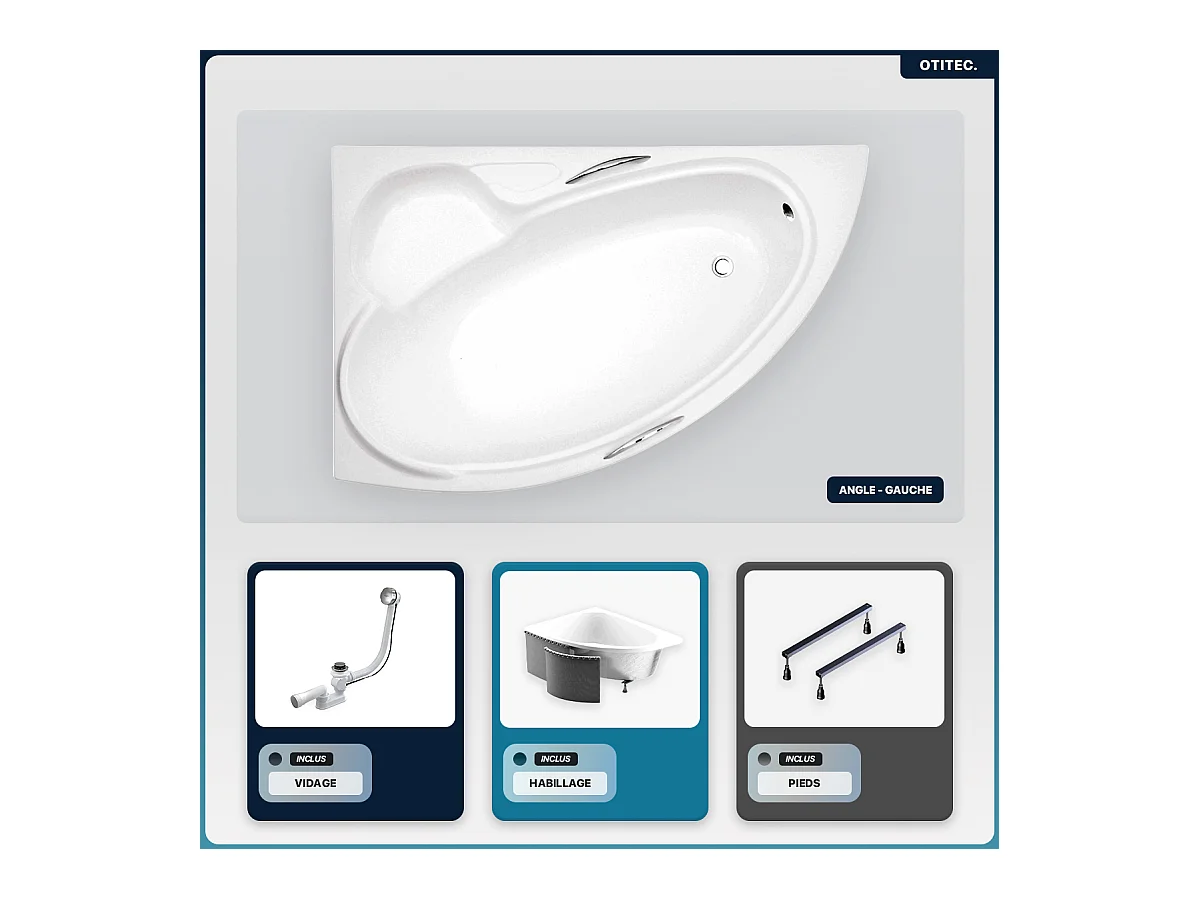 Baignoire asymétrique - 150 x 95 cm - Droite - avec Habillage - Pieds - Vidage Chrome - BIANKA