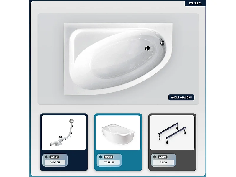 Baignoire asymétrique - 140 x 80 cm - Droite - avec Tablier Blanc - Pieds - Vidage Chrome - CORNEA