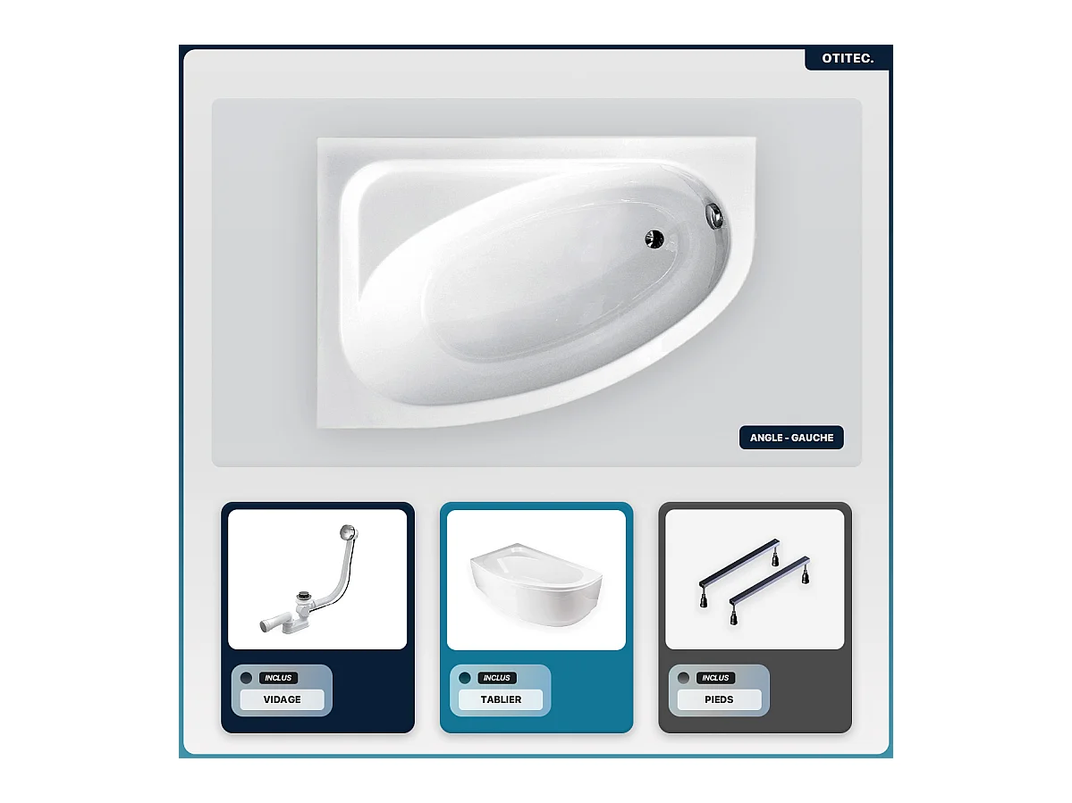 Baignoire asymétrique - 140 x 80 cm - Droite - avec Tablier Blanc - Pieds - Vidage Chrome - CORNEA