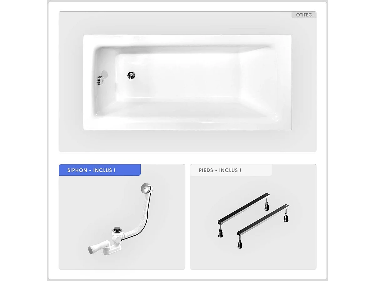 Baignoire rectangulaire - 160 x 75 cm - sans Habillage - avec Pieds - Vidage Chrome - TALIA