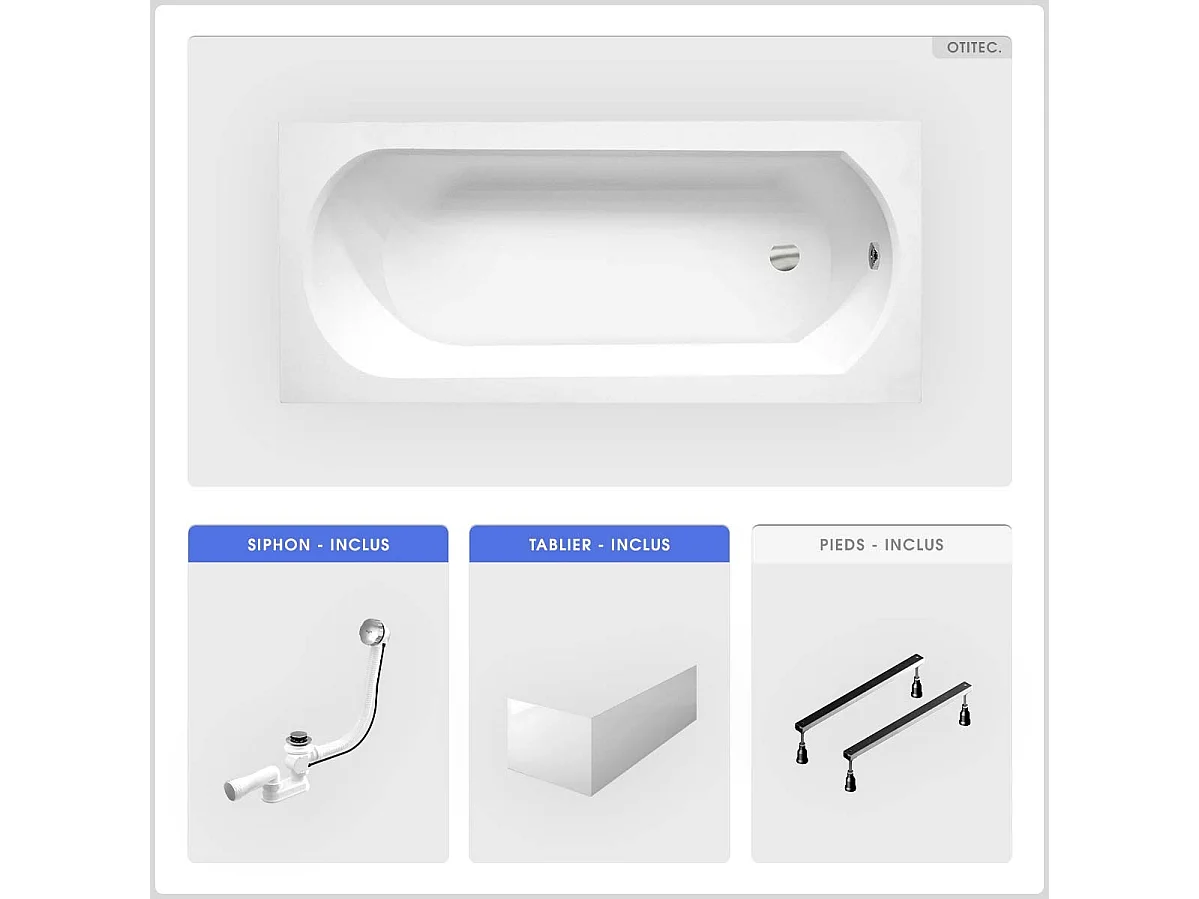 Baignoire rectangulaire - 170 x 75 cm - avec Tablier Blanc - Pieds - Vidage Chrome - INTRICA