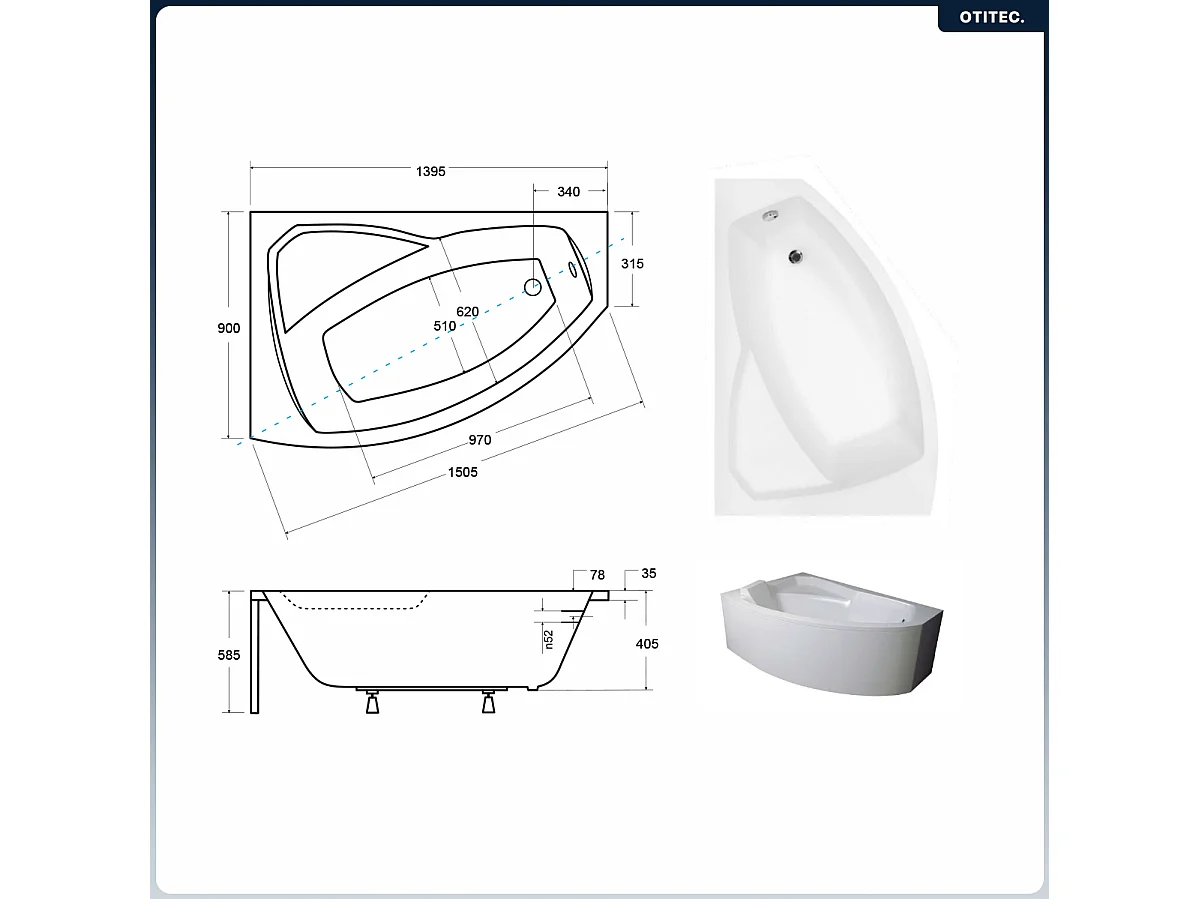 Baignoire asymétrique - 140 x 90 cm - Gauche - avec Tablier - Pieds - Repose-tête - Vidage Chrome - RIMA