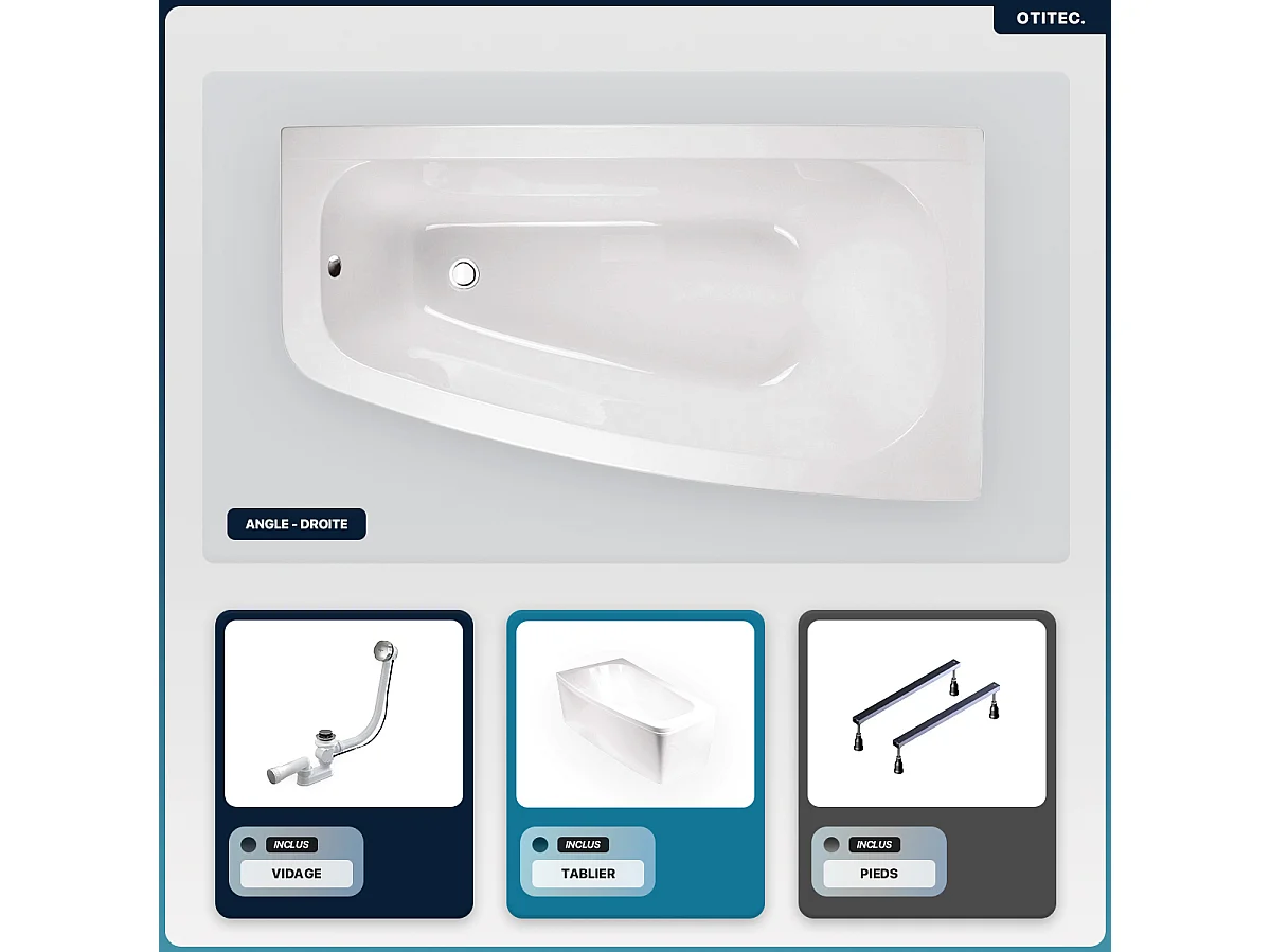 Baignoire asymétrique - 150 x 80 cm - Droite - avec Tablier - Pieds - Vidage Chrome - LUNA