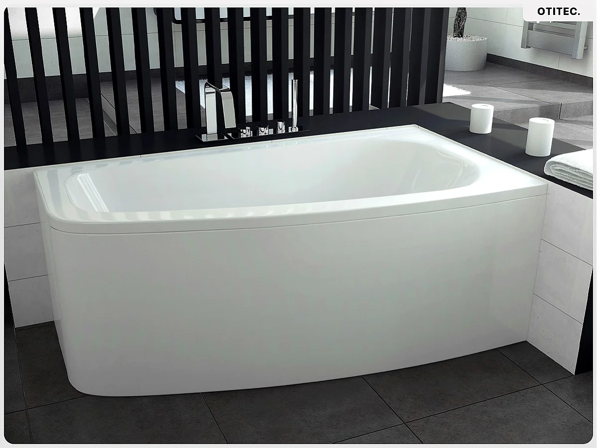 Baignoire asymétrique - 150 x 80 cm - Droite - avec Tablier - Pieds - Vidage Chrome - LUNA