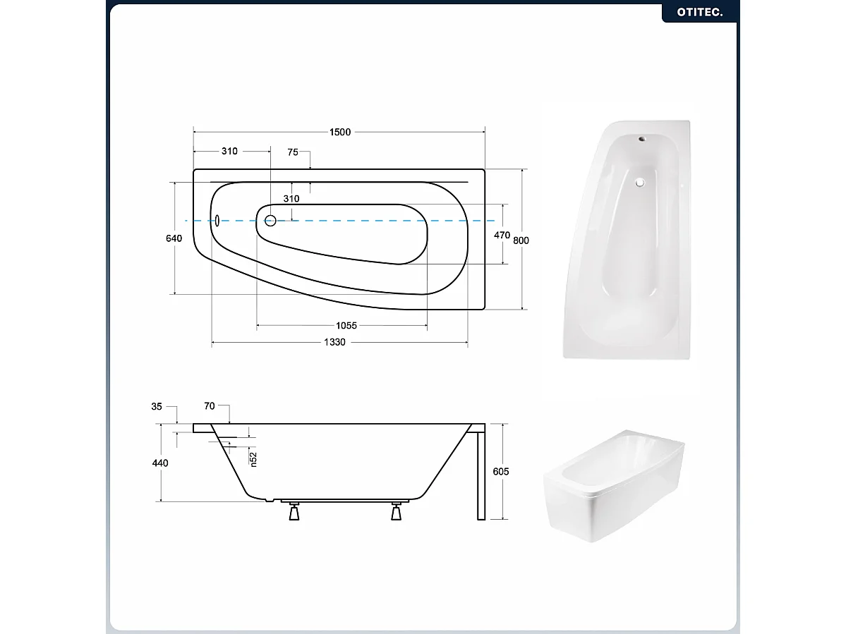 Baignoire asymétrique - 150 x 80 cm - Droite - avec Tablier - Pieds - Vidage Chrome - LUNA
