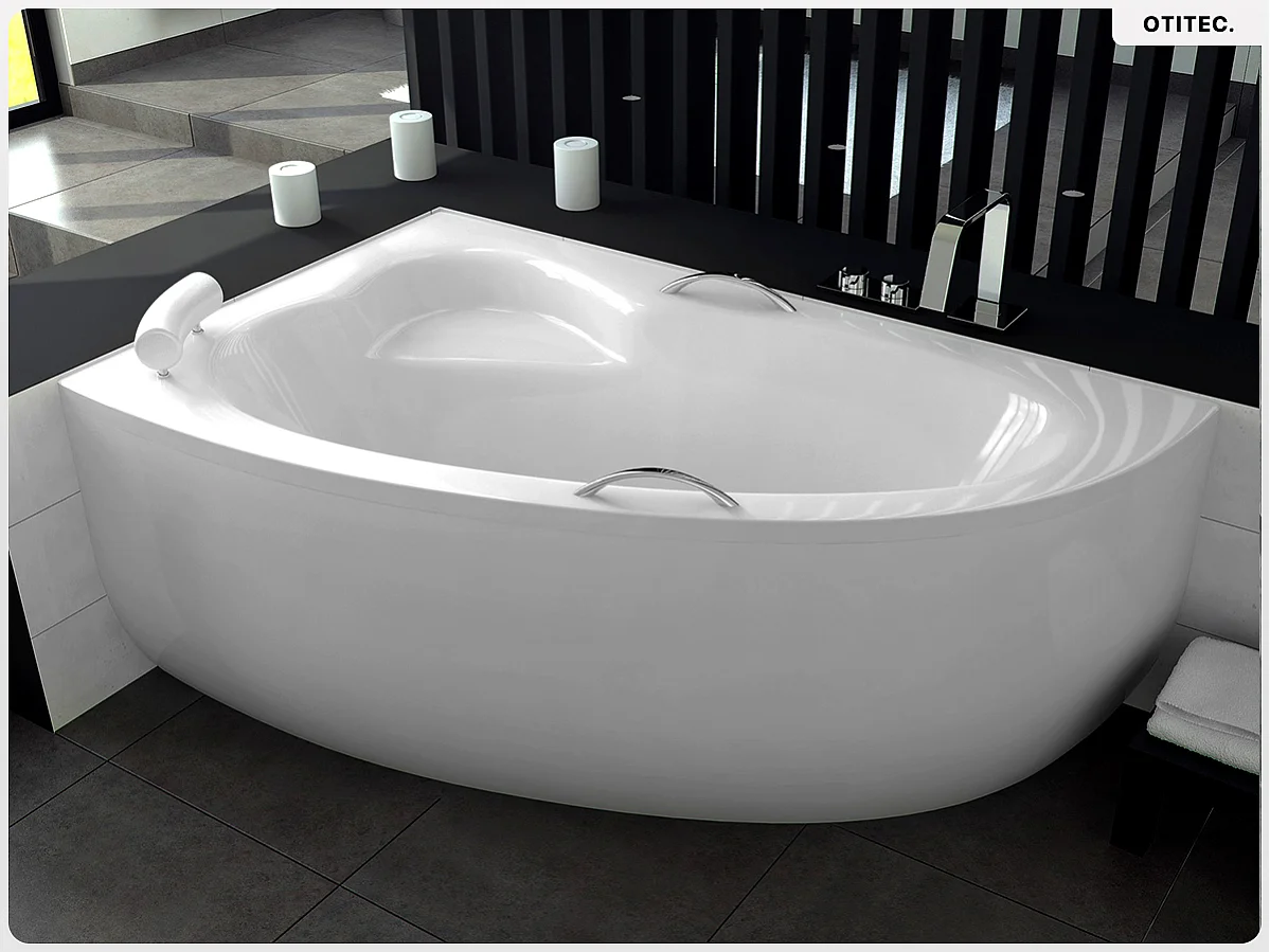 Baignoire asymétrique - 150 x 100 cm - Gauche - avec Tablier - Pieds - Poignées - Repose-tête - Vidage Chrome - NATALIA PREMIUM