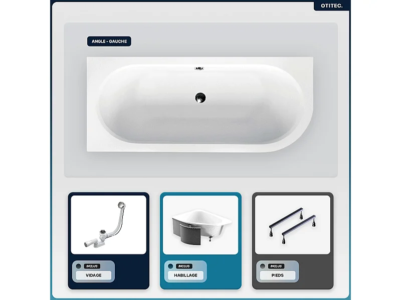 Baignoire asymétrique - 180 x 80 cm - Gauche - avec Habillage - Pieds - Vidage Chrome - AVITA SLIM