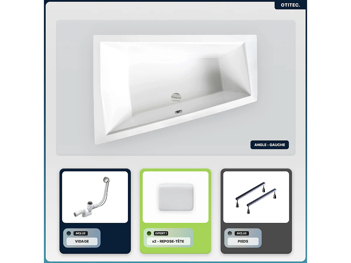 Baignoire asymétrique - 170 x 125 cm - Gauche - sans Habillage - avec Pieds - 2 Repose-têtes - Vidage Chrome - INTIMA SLIM