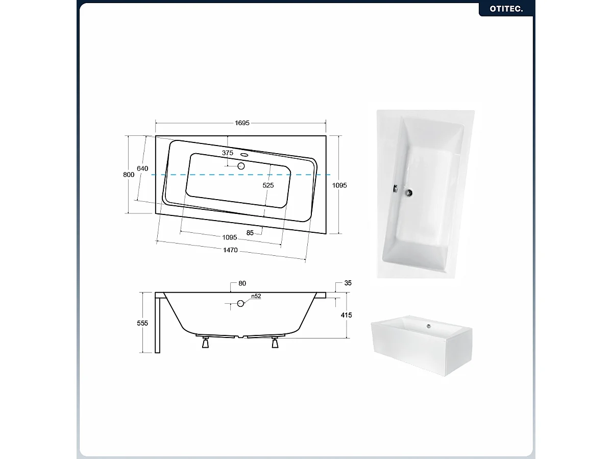 Baignoire asymétrique - 170 x 110 cm - Droite - avec Tablier Blanc - Pieds - Vidage Chrome - INFINITY