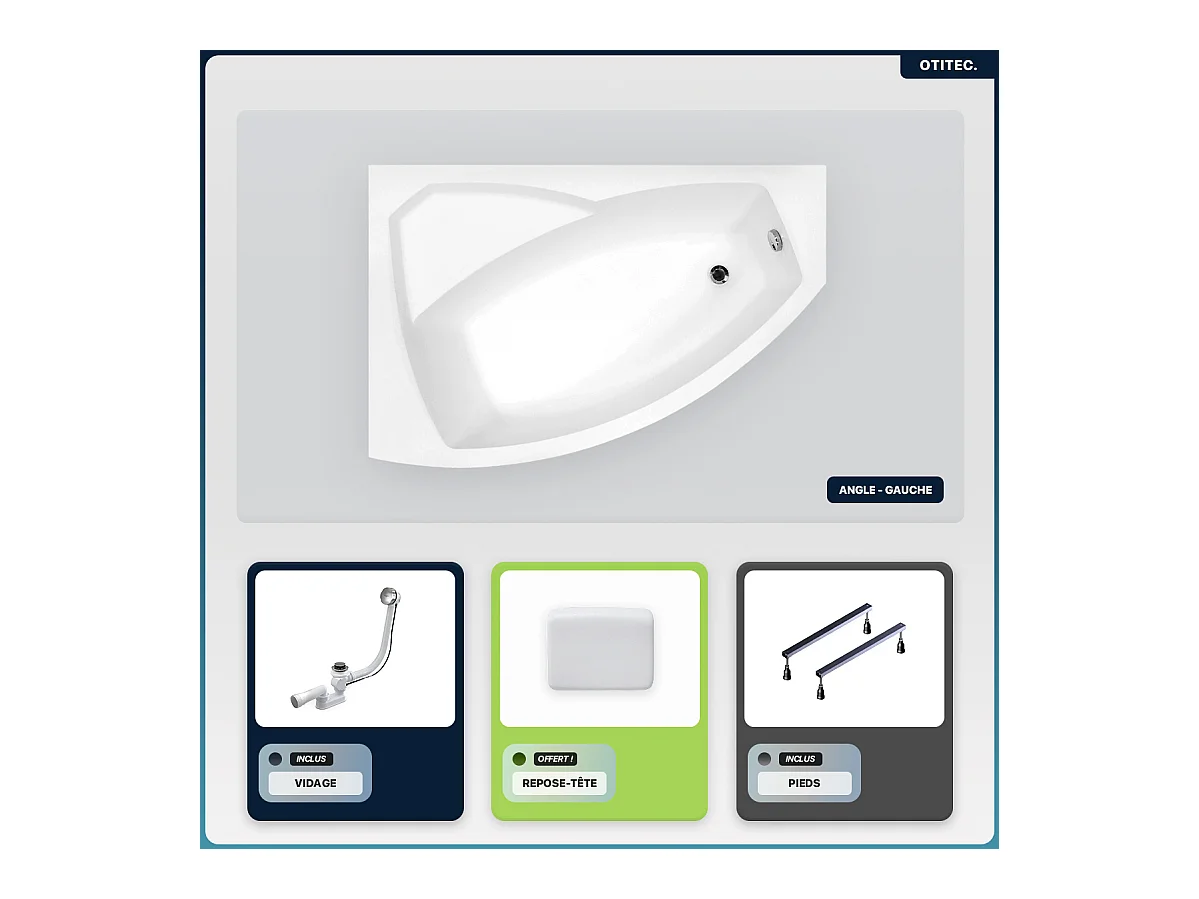 Baignoire asymétrique - 160 x 100 cm - Gauche - sans Habillage - avec Pieds - Repose-tête - Vidage Chrome - RIMA