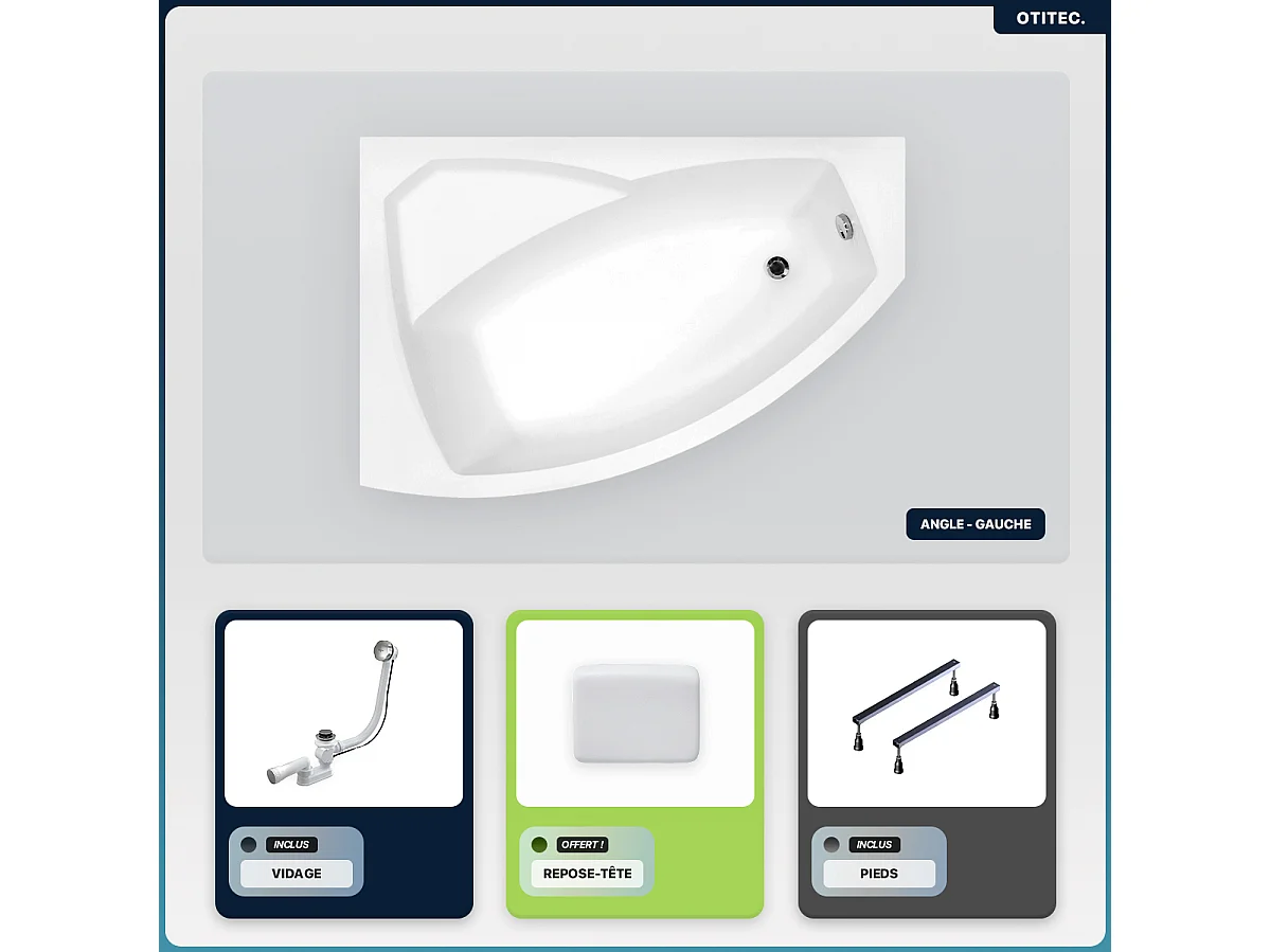 Baignoire asymétrique - 160 x 100 cm - Gauche - sans Habillage - avec Pieds - Repose-tête - Vidage Chrome - RIMA