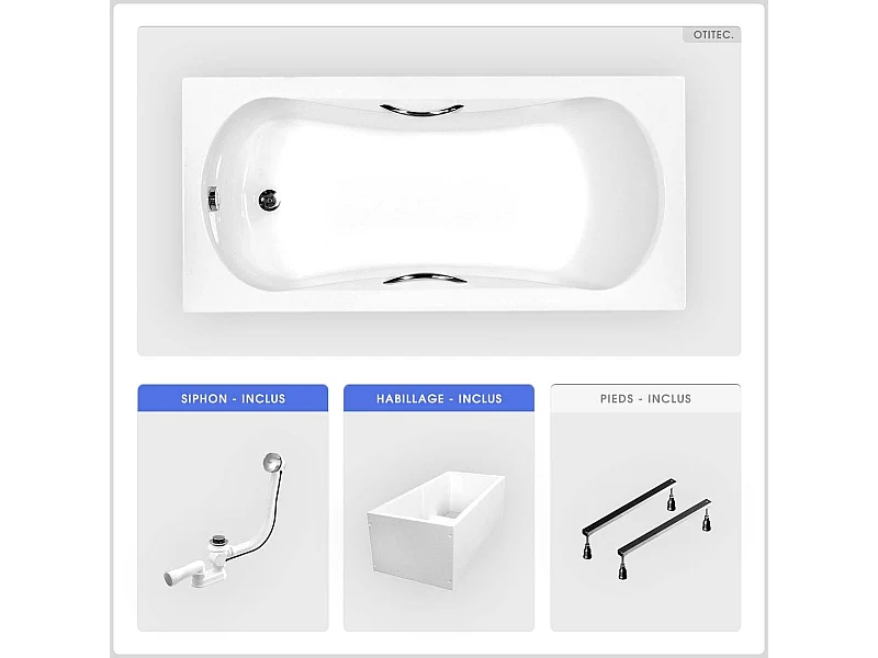 Baignoire rectangulaire - 130 x 70 cm - avec Habillage Polystyrène - Pieds - Poignées - Vidage Chrome - ARIA PLUS