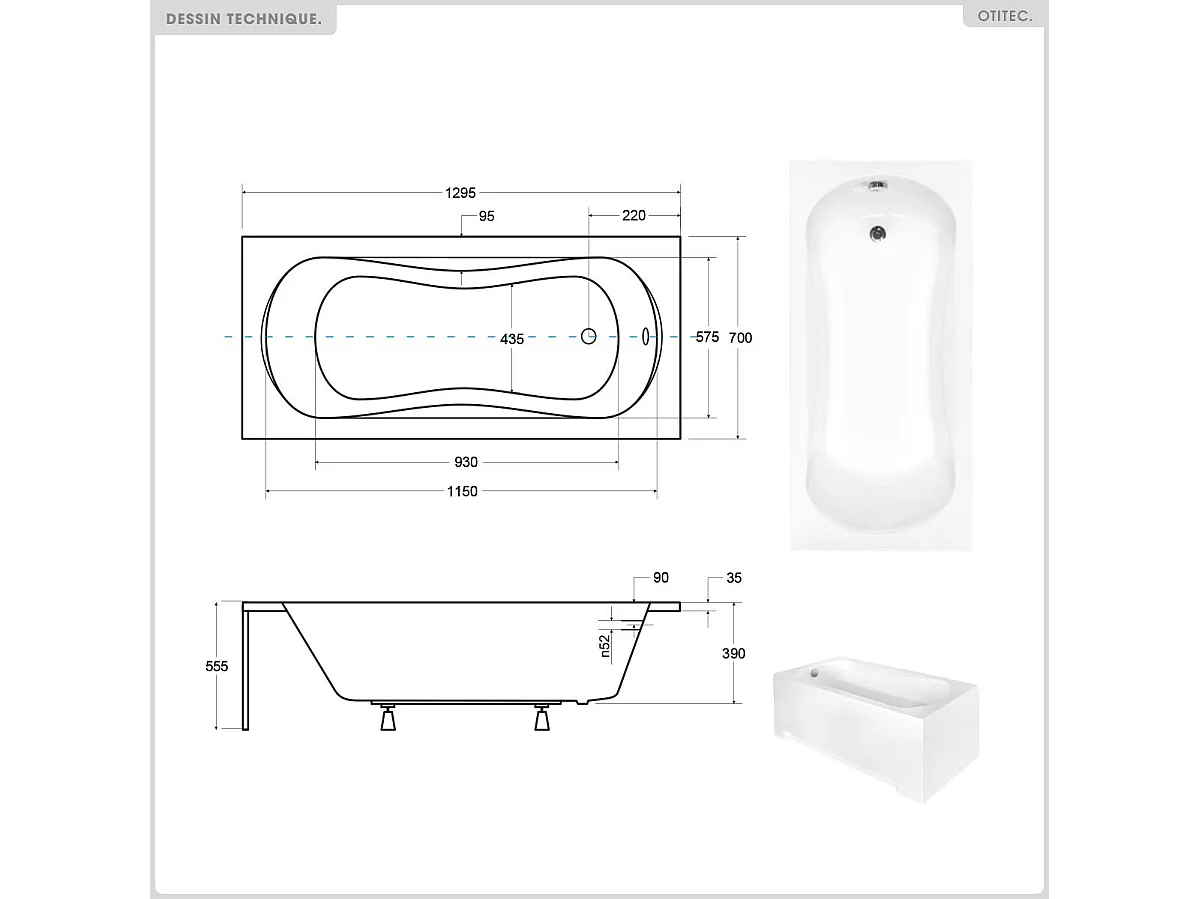 Baignoire rectangulaire - 130 x 70 cm - avec Habillage Polystyrène - Pieds - Vidage Chrome - ARIA