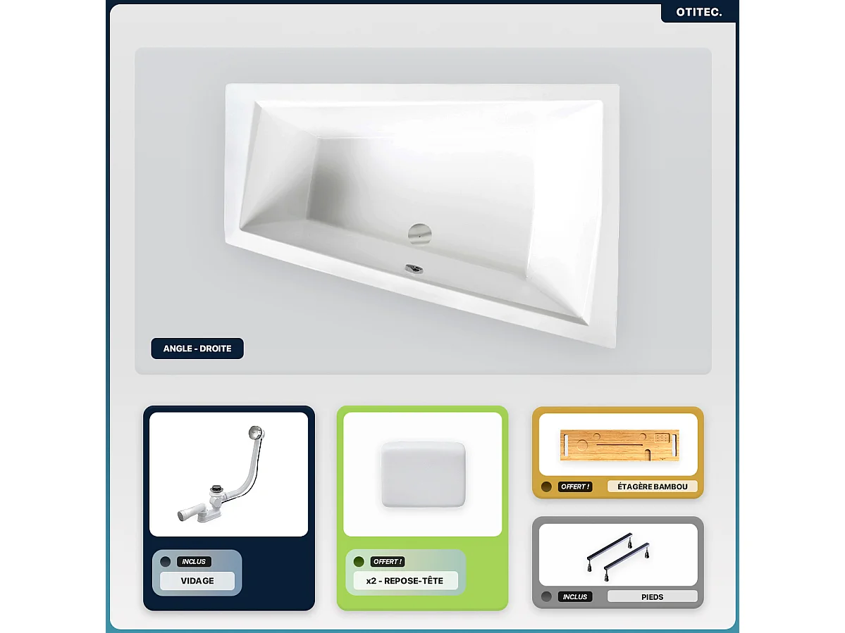 Baignoire asymétrique - 170 x 125 cm - Droite - sans Habillage - avec Pieds - 2 Repose-têtes - Étagère bambou - Vidage Chrome - INTIMA DUO