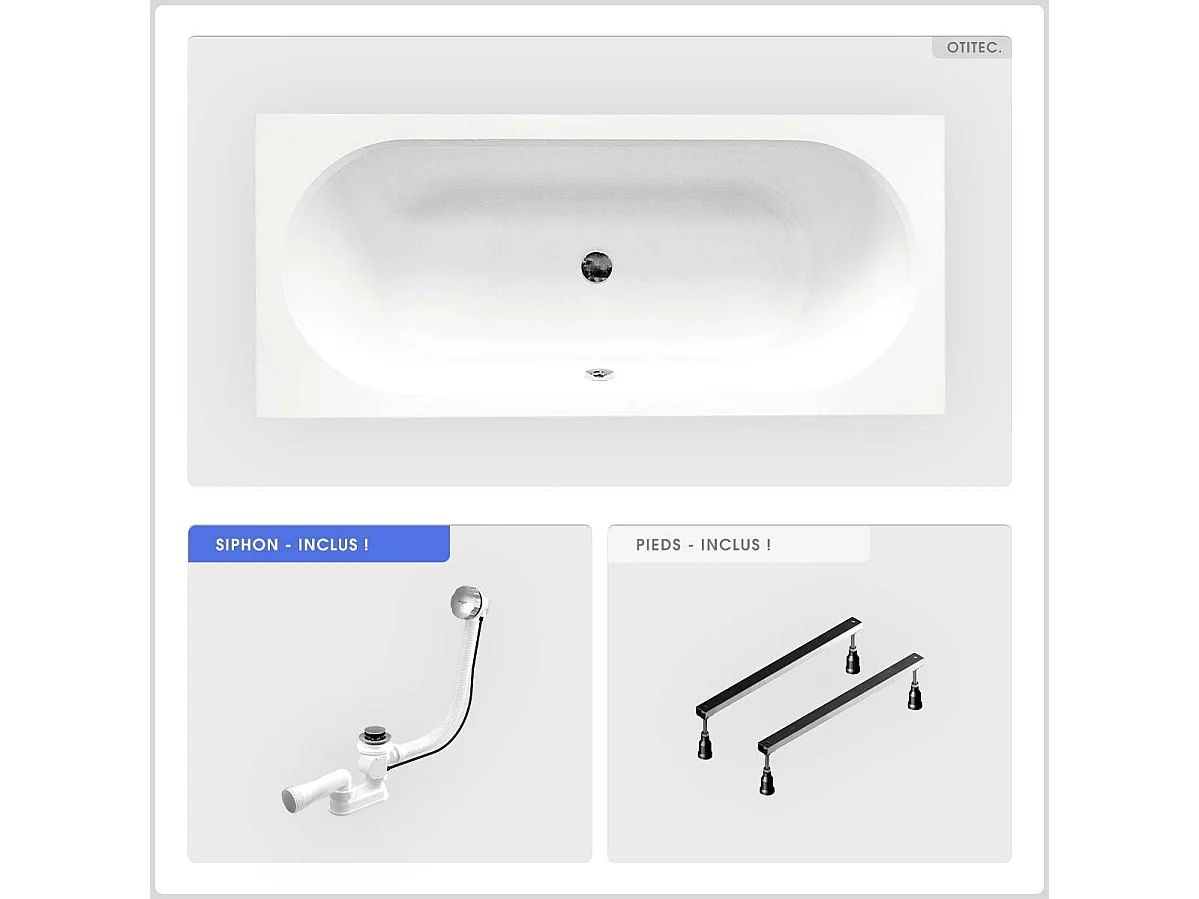 Baignoire rectangulaire - 150 x 75 cm - sans Habillage - avec Pieds - Vidage Chrome - VITAE SLIM