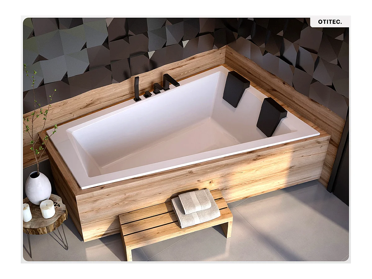 Baignoire asymétrique - 180 x 125 cm - Droite - sans Habillage - avec Pieds - 2 Repose-têtes - Vidage Chrome - INTIMA SLIM