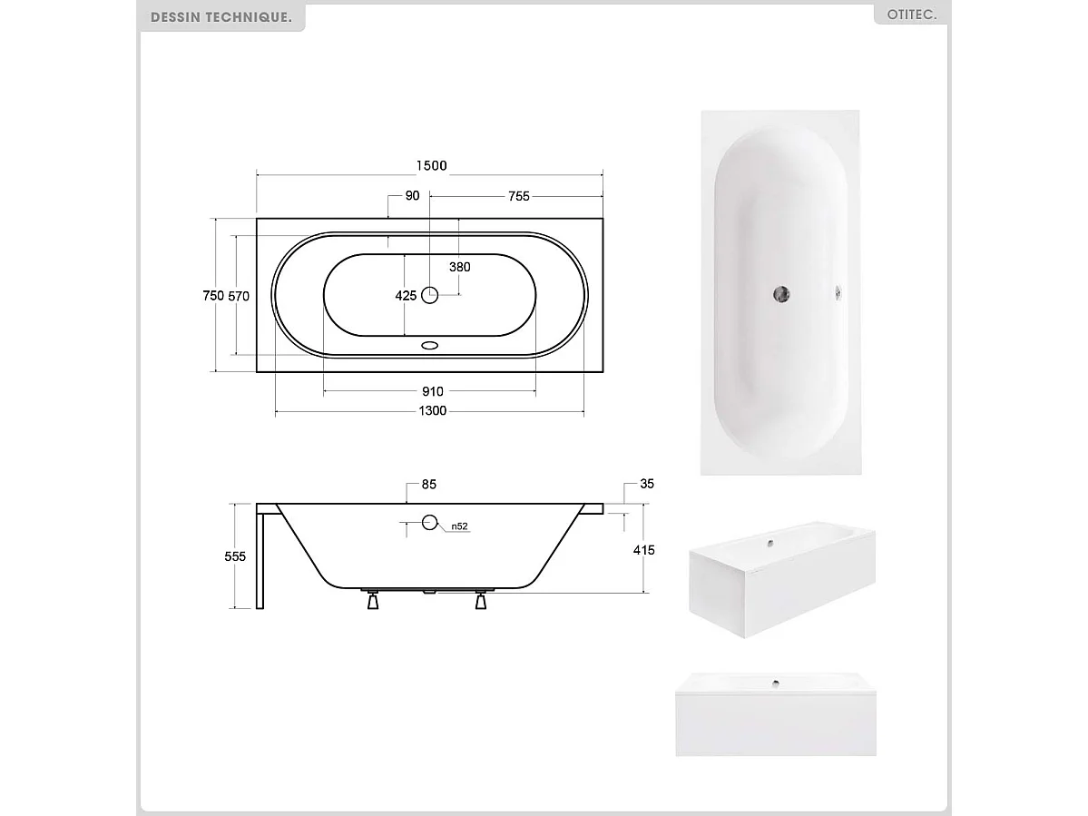Baignoire rectangulaire - 150 x 75 cm - avec Tablier - Pieds - Vidage Chrome - VITAE