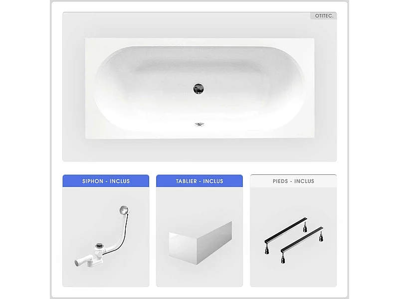 Baignoire rectangulaire - 150 x 75 cm - avec Tablier - Pieds - Vidage Chrome - VITAE