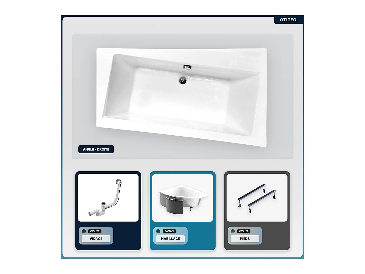 Baignoire asymétrique - 150 x 90 cm - Droite - avec Habillage - Pieds - Vidage Chrome - INFINITY