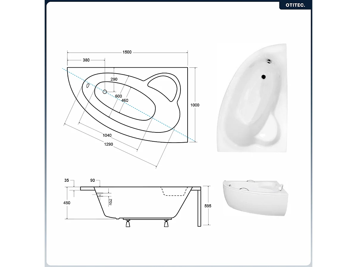Baignoire asymétrique - 150 x 100 cm - Droite - avec Tablier - Pieds - Poignées - Repose-tête - Vidage Chrome - NATALIA PREMIUM