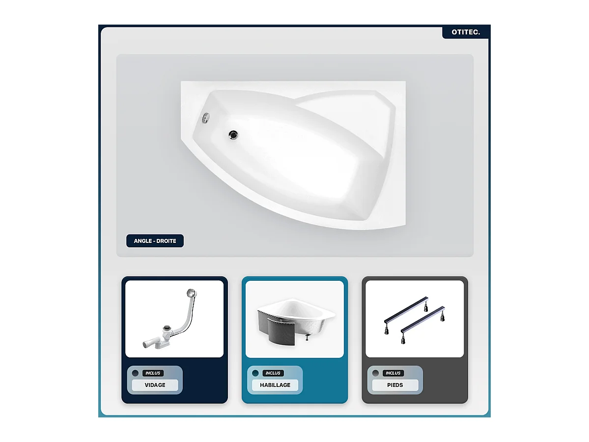 Baignoire asymétrique - 170 x 110 cm - Droite - avec Habillage - Pieds - Vidage Chrome - RIMA