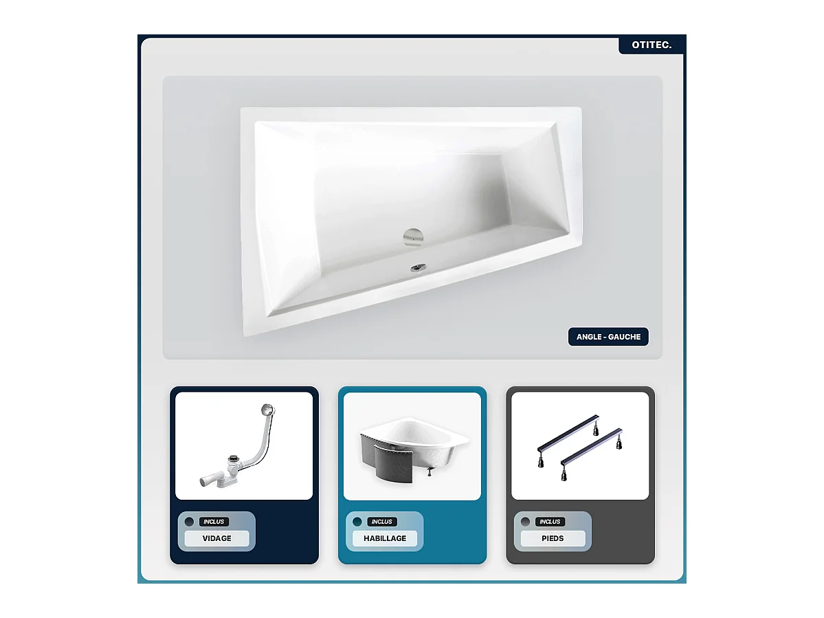 Baignoire asymétrique - 180 x 125 cm - Gauche - avec Habillage - Pieds - Vidage Chrome - INTIMA DUO
