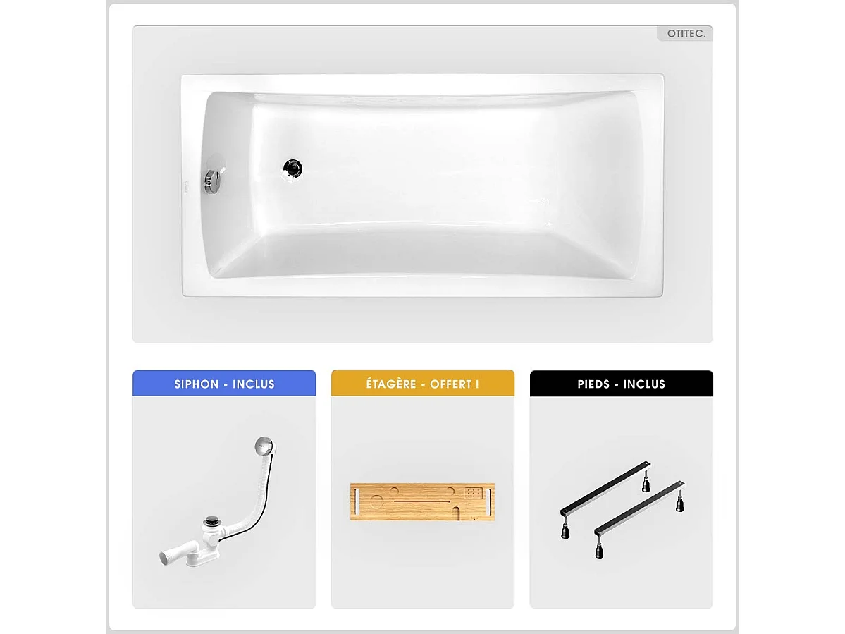 Baignoire rectangulaire - 170 x 70 cm - sans Habillage - avec Pieds - Étagère bambou - Vidage Chrome - OPTIMA
