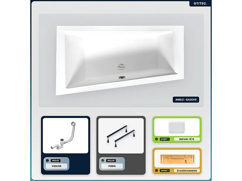 Baignoire asymétrique - 160 x 90 cm - Gauche - sans Habillage - avec Pieds - Repose-tête - Étagère bambou - Vidage Chrome - INTIMA
