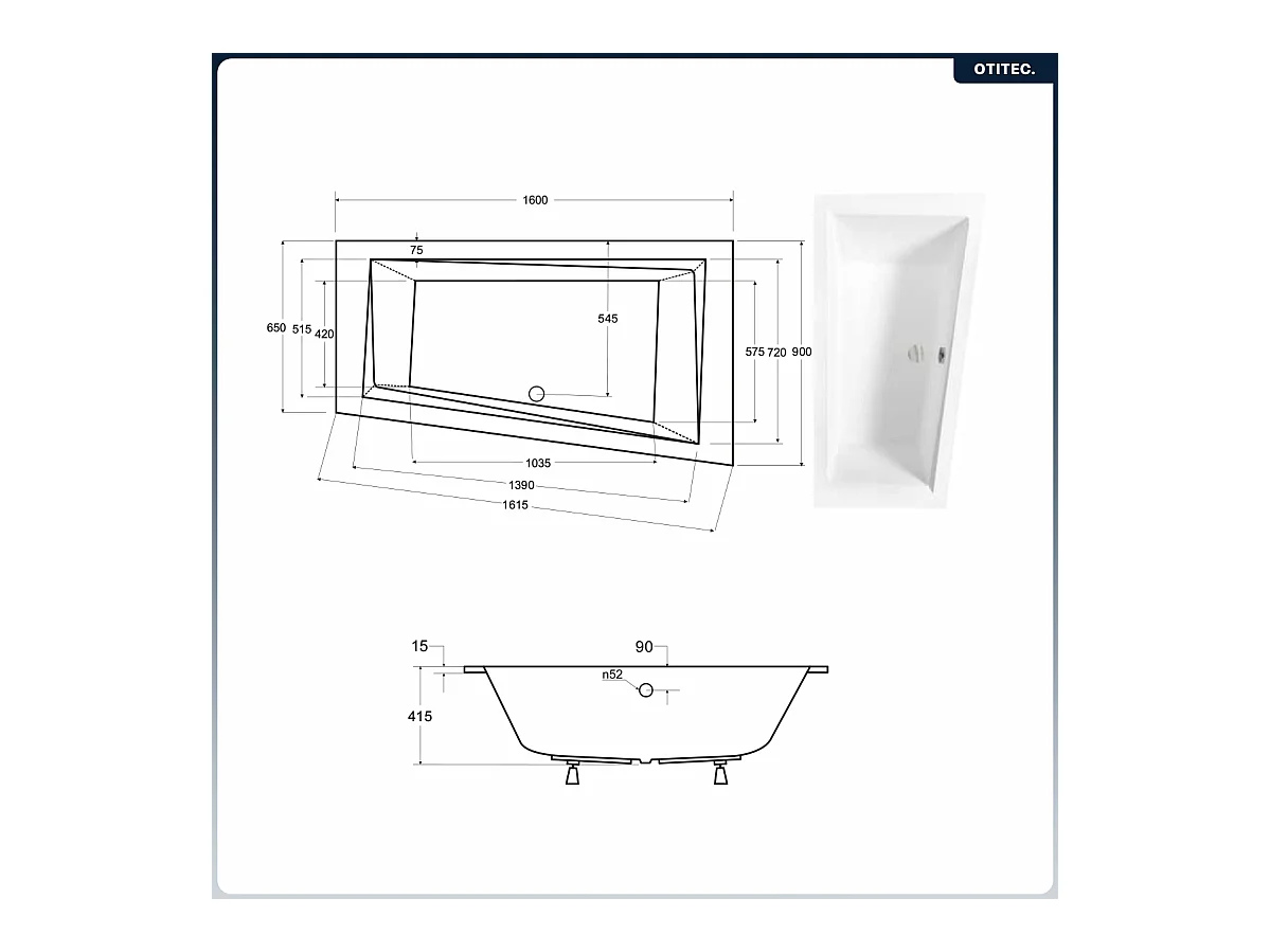 Baignoire asymétrique - 160 x 90 cm - Droite - sans Habillage - avec Pieds - Vidage Chrome - INTIMA SLIM