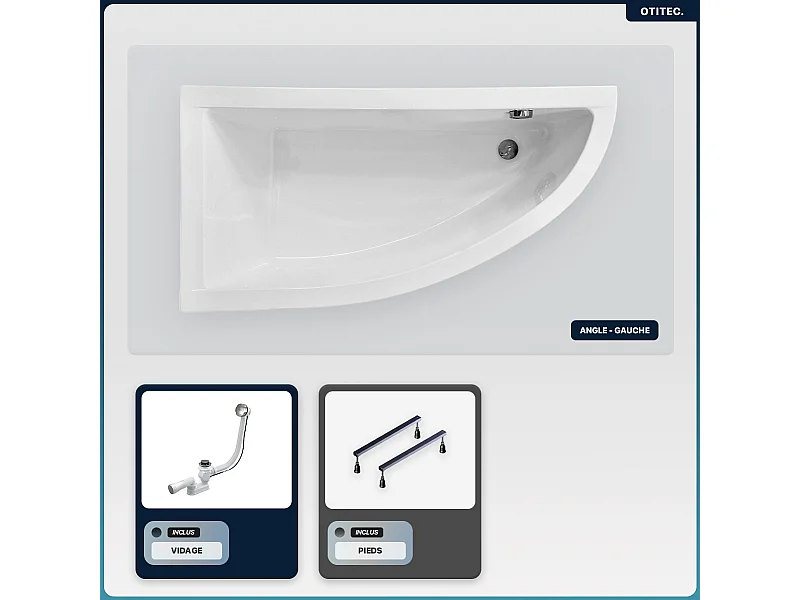 Baignoire asymétrique - 150 x 70 cm - Gauche - sans Habillage - avec Pieds - Vidage Chrome - PRAKTIKA